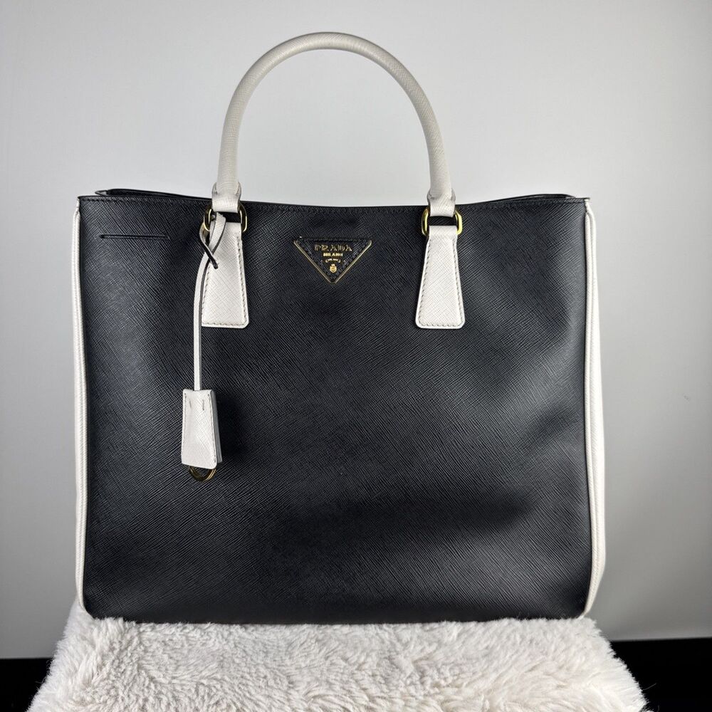 Prada LARGE Galleria Tote Bag in Black and White Saffiano Leather Gold hardware